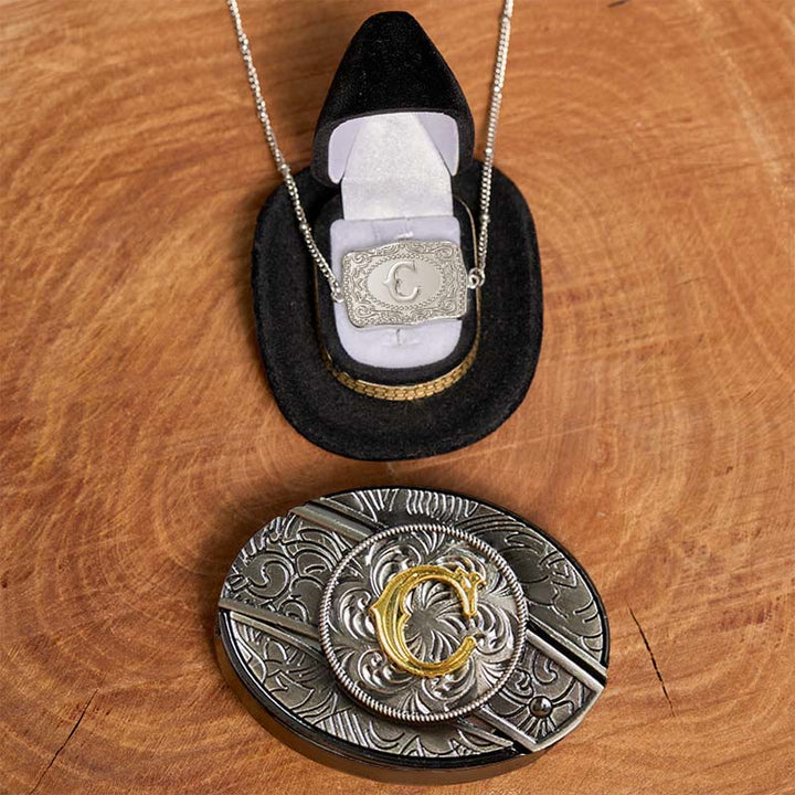 Set di collana in argento con fibbia per cintura con coltello nascosto fai da te e lettera iniziale - C - Senza cintura - image 8