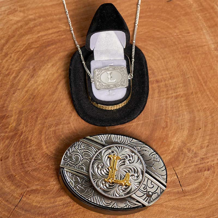 Set di collana in argento con fibbia per cintura con coltello nascosto fai da te e lettera iniziale - L - Senza cintura - image 17