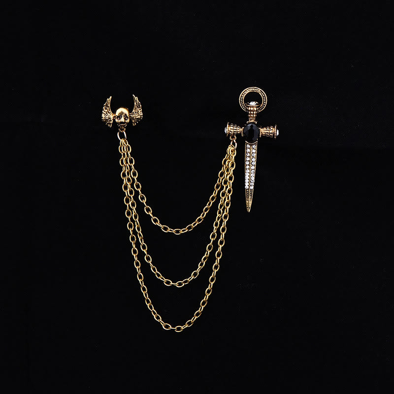 Spilla multicatena a doppio stile con teschio, ali e pugnale dark punk - D'oro - image 1