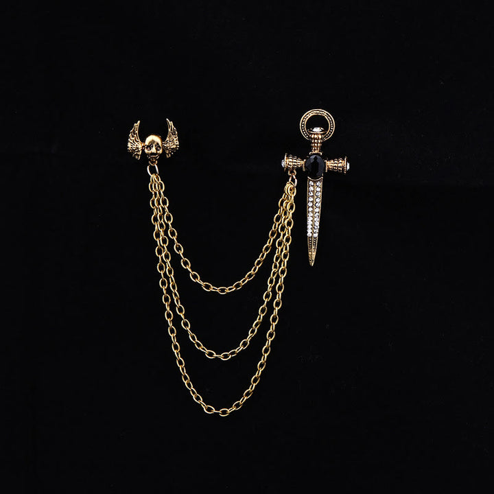 Spilla multicatena a doppio stile con teschio, ali e pugnale dark punk - D'oro - image 1