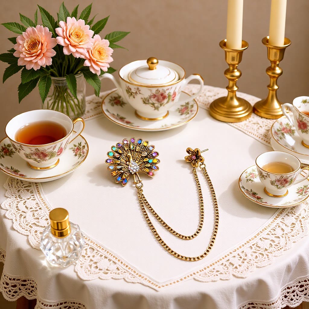 Spilla a doppia catena con cristalli colorati e piuma di pavone ornata - image 0