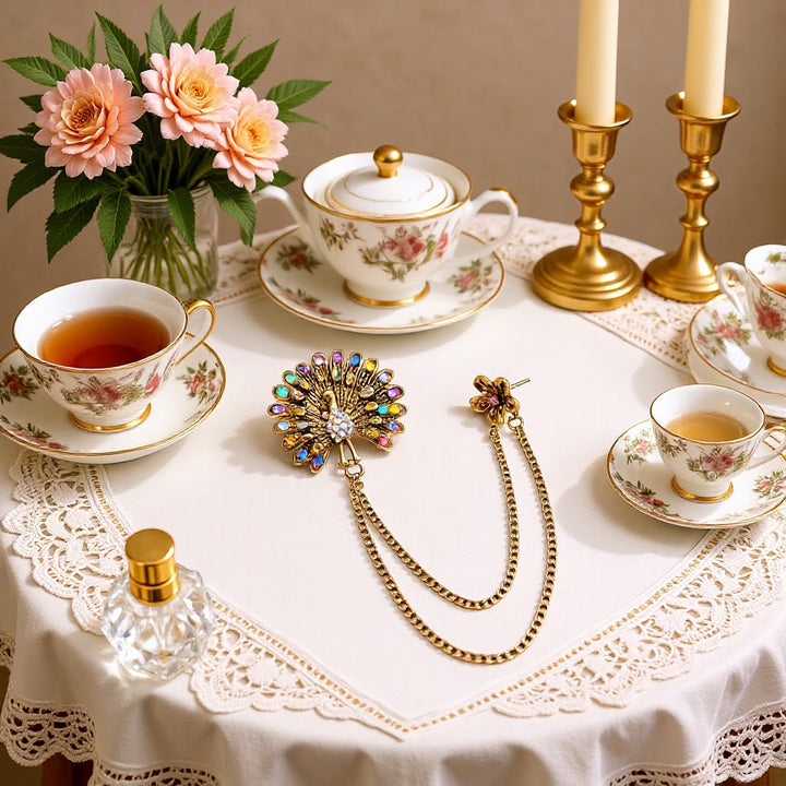 Spilla a doppia catena con cristalli colorati e piuma di pavone ornata - image 0