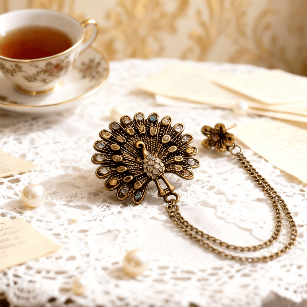 Spilla a doppia catena con cristalli colorati e piuma di pavone ornata - Stile n. 1 - image 1