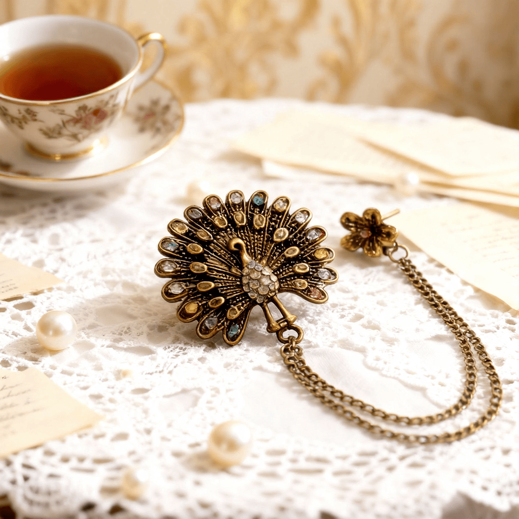 Spilla a doppia catena con cristalli colorati e piuma di pavone ornata - Stile n. 1 - image 1