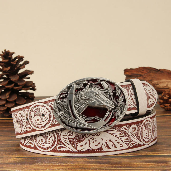 Cintura da uomo in pelle con intaglio a testa di cavallo e ferro di cavallo in argento - Cavallo Rosso - Bianco - 44 - image 4