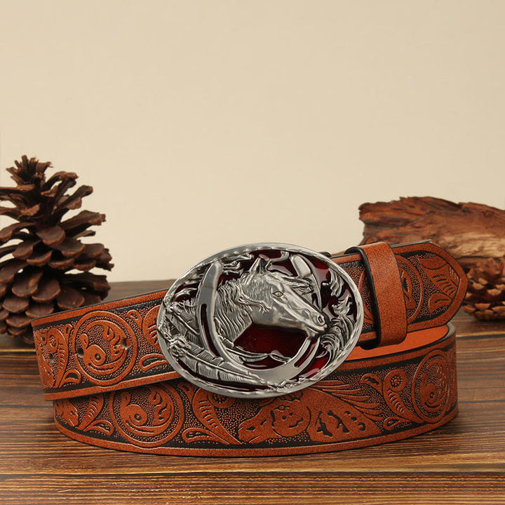 Cintura da uomo in pelle con intaglio a testa di cavallo e ferro di cavallo in argento - Cavallo Rosso - Caramello - 44 - image 3