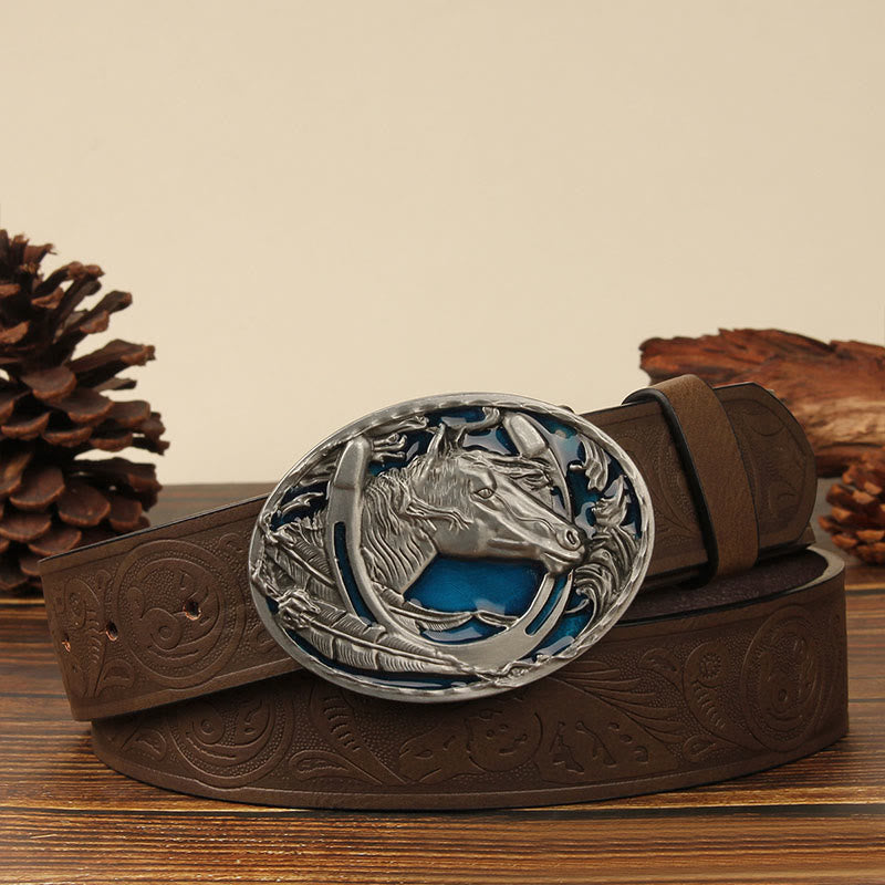 Cintura da uomo in pelle con intaglio a testa di cavallo e ferro di cavallo in argento - Cavallo blu - Marrone - 44 - image 5