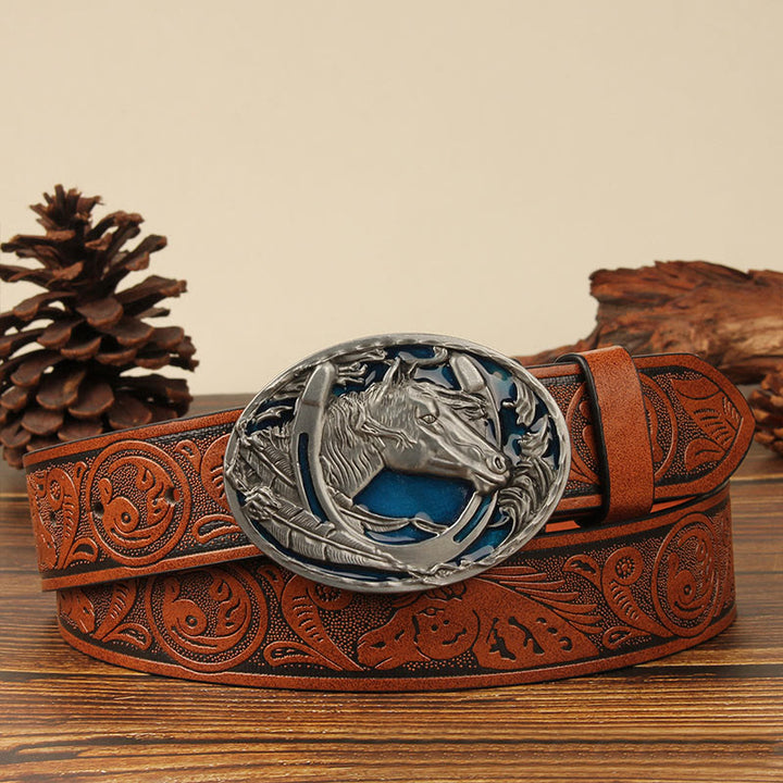 Cintura da uomo in pelle con intaglio a testa di cavallo e ferro di cavallo in argento - Cavallo blu - Caramello - 44 - image 7