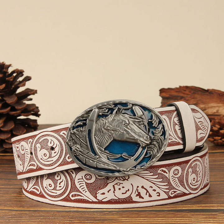 Cintura da uomo in pelle con intaglio a testa di cavallo e ferro di cavallo in argento - Cavallo blu - Bianco - 44 - image 8