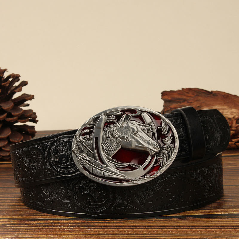 Cintura da uomo in pelle con intaglio a testa di cavallo e ferro di cavallo in argento - Cavallo Rosso - Nero n. 1 - 44 - image 1