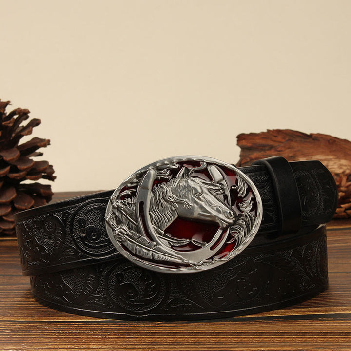 Cintura da uomo in pelle con intaglio a testa di cavallo e ferro di cavallo in argento - Cavallo Rosso - Nero n. 1 - 44 - image 1