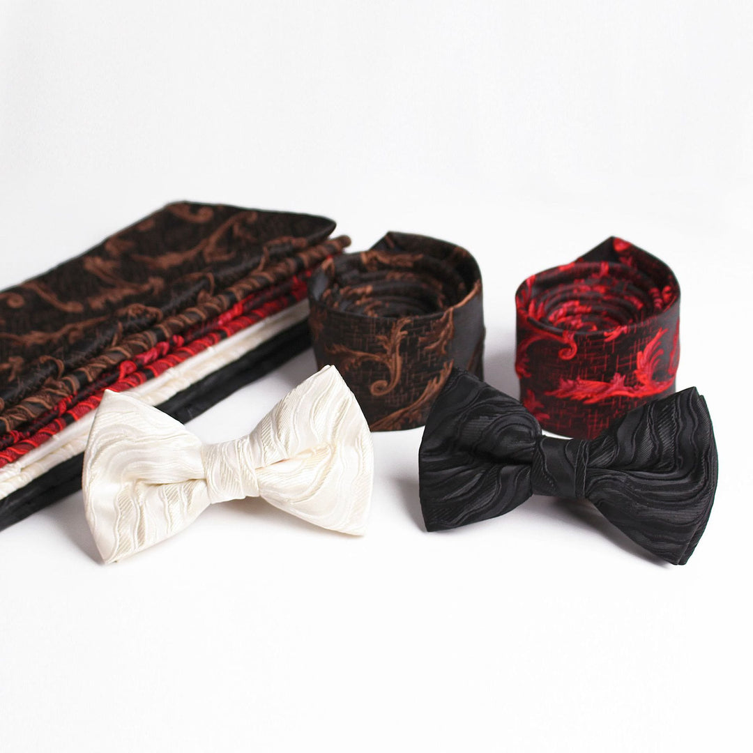 Cravatta elegante da uomo con stampa formale, papillon e fazzoletto da taschino - image 0