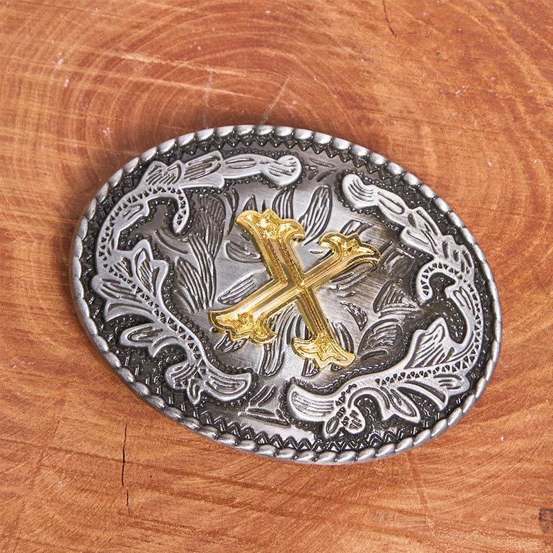 Cintura da uomo in pelle con fibbia ovale in argento intagliata e lettera dorata - image 1