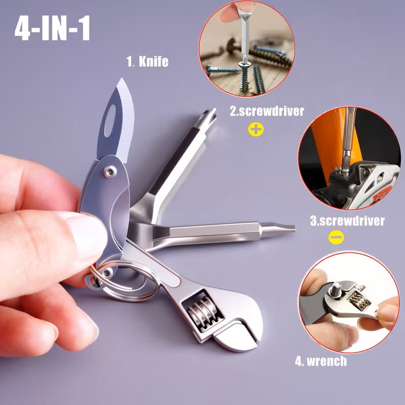 Set di utensili compatti 4 in 1 con coltello, chiave inglese, cacciavite e portachiavi - image 1