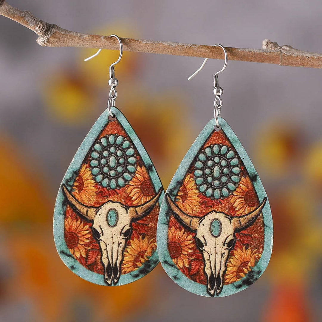 Orecchino in legno a forma di goccia d'acqua con testa di toro in stile occidentale - Testa di toro - image 0