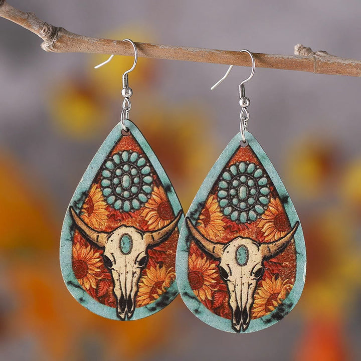 Orecchino in legno a forma di goccia d'acqua con testa di toro in stile occidentale - Testa di toro - image 0