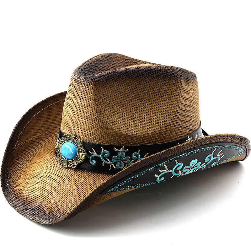 Cappelli da cowboy in stile western intrecciati con dettagli turchesi e rifiniture ricamate - Cachi - M (22"-22 7/8") - image 0