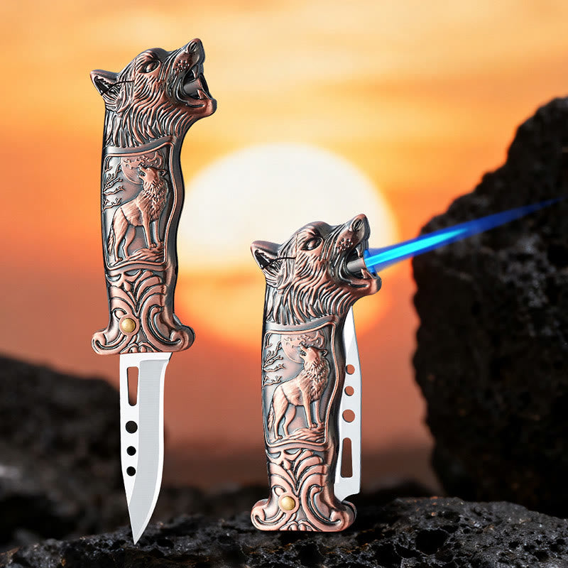 Accendino a butano con coltello pieghevole Wolf Head 2 in 1 - Rosso - image 1