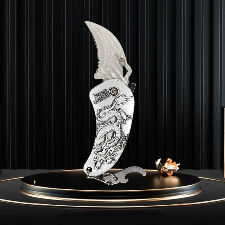 Accendino a butano con coltello pieghevole a forma di drago in rilievo in metallo - Drago d'argento - image 2