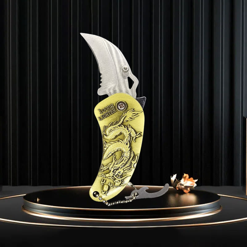 Accendino a butano con coltello pieghevole a forma di drago in rilievo in metallo - Drago di bronzo - image 1