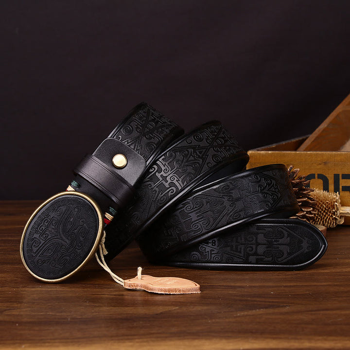 Cintura in pelle da uomo con fibbia ovale intagliata a totem retrò - Nero - 44 - image 3