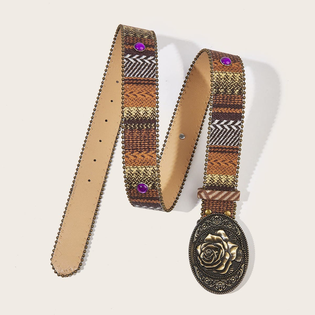 Cintura da donna in pelle con fibbia a rosa retrò e rivetti - image 2