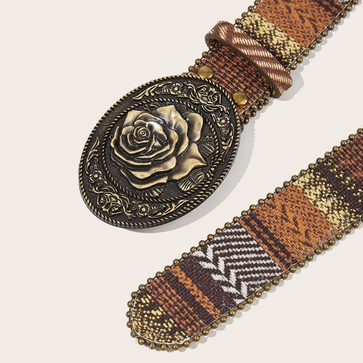 Cintura da donna in pelle con fibbia a rosa retrò e rivetti - image 3