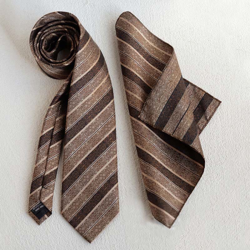 Set di 5 cravatte da uomo con stampa diagonale marrone retrò - Cravatta + fazzoletto da taschino - image 3