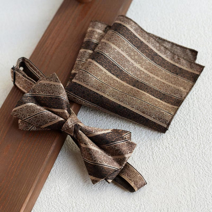 Set di 5 cravatte da uomo con stampa diagonale marrone retrò - Papillon + fazzoletto da taschino - image 4