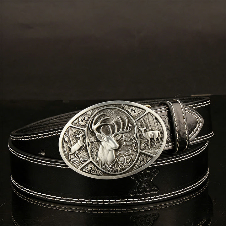 Cintura in pelle da uomo con fibbia in rilievo a forma di cervo retrò - Nero - 44 - image 2