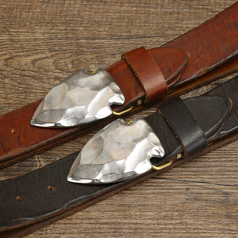 Cintura da uomo in pelle con fibbia a freccia triangolare in argento anticato retrò - image 3