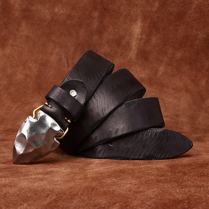 Cintura da uomo in pelle con fibbia a freccia triangolare in argento anticato retrò - Nero - 46 - image 8