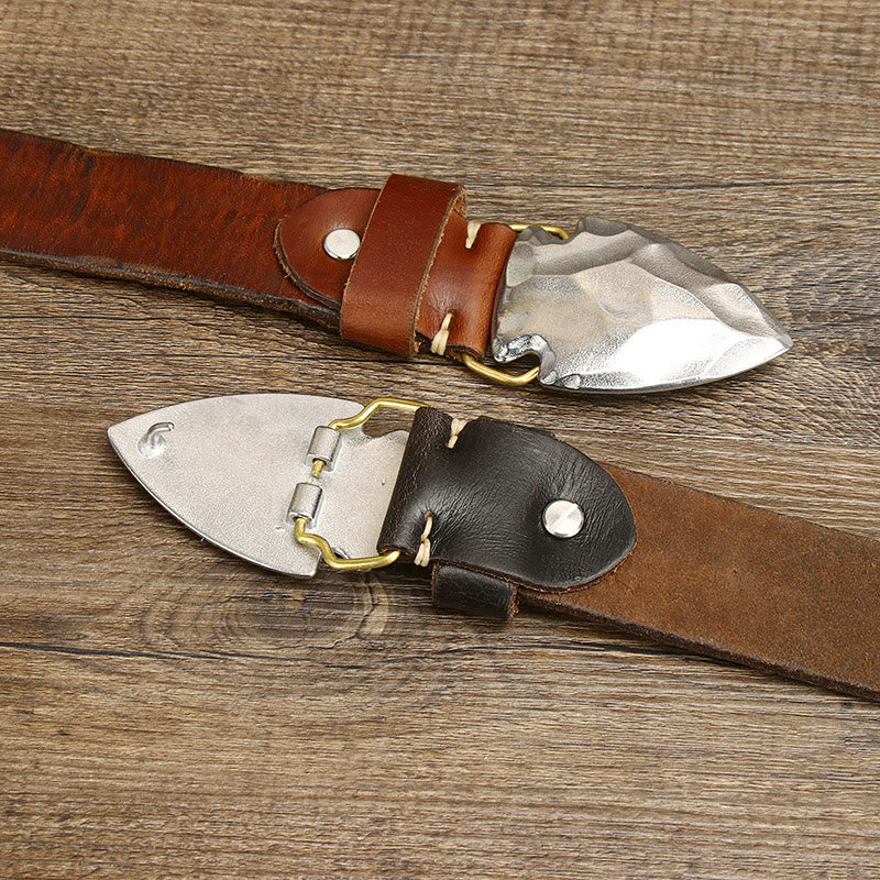 Cintura da uomo in pelle con fibbia a freccia triangolare in argento anticato retrò - image 4