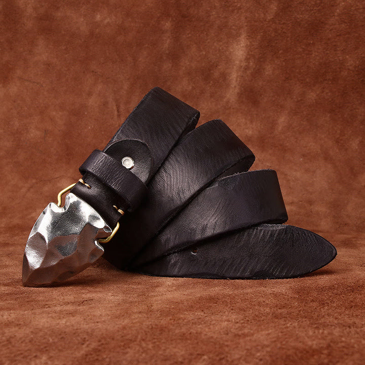 Cintura da uomo in pelle con fibbia a freccia triangolare in argento anticato retrò - Nero - 46 - image 8