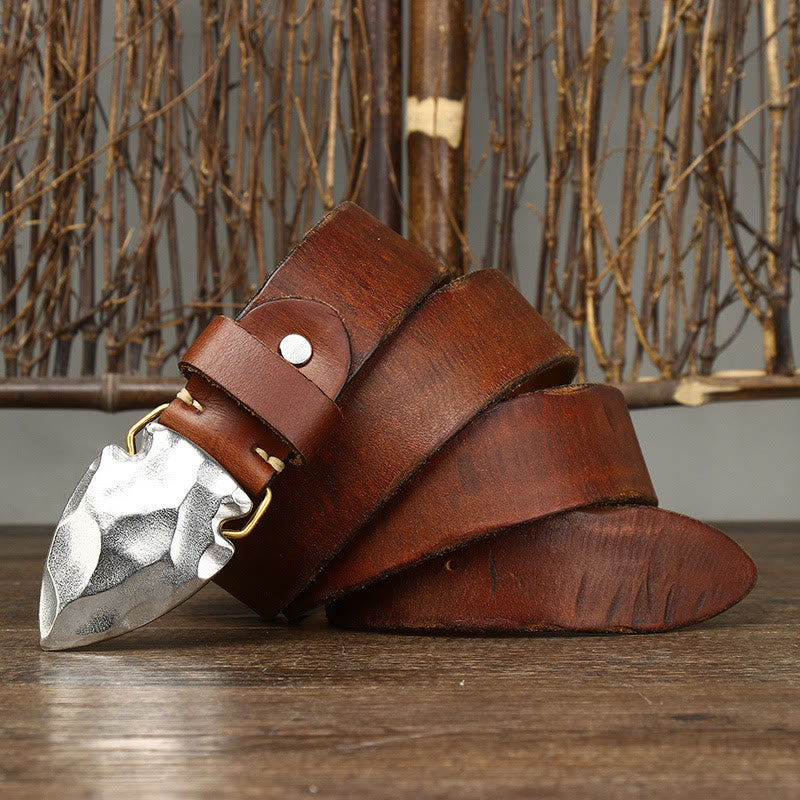 Cintura da uomo in pelle con fibbia a freccia triangolare in argento anticato retrò - Cachi - 46 - image 1