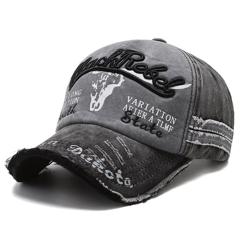 Cappellino da baseball vintage in stile western con testa di toro e corna lunghe consumate - Nero - M (22''-22 7/8") - image 0