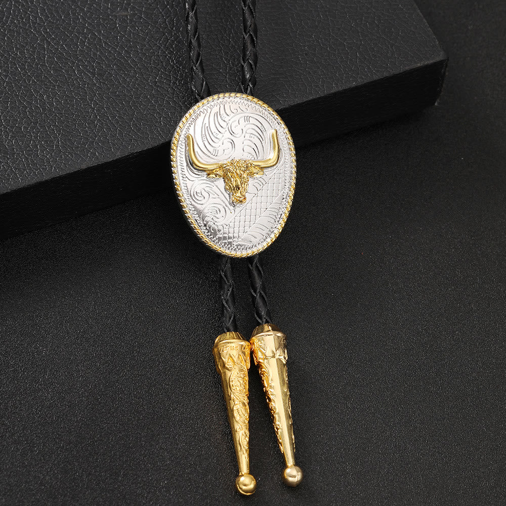 Cravatta Bolo Western Retro con testa di toro dorata e placcata in argento - image 1