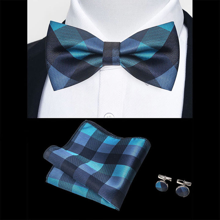 Set da 3 pezzi con papillon in tessuto testurizzato, gemelli e fazzoletto da taschino da uomo - image 89