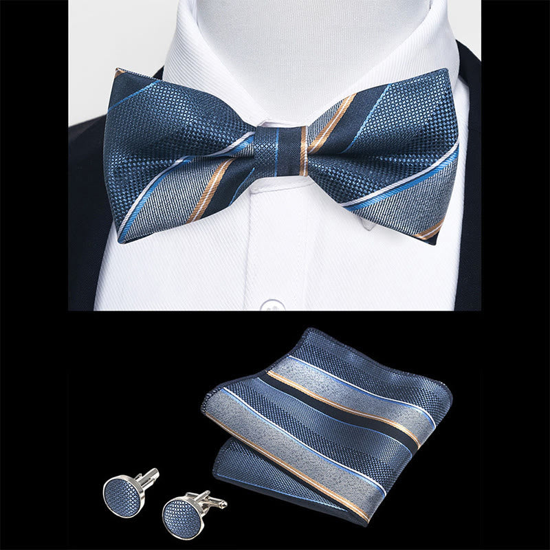 Set da 3 pezzi con papillon in tessuto testurizzato, gemelli e fazzoletto da taschino da uomo - image 101