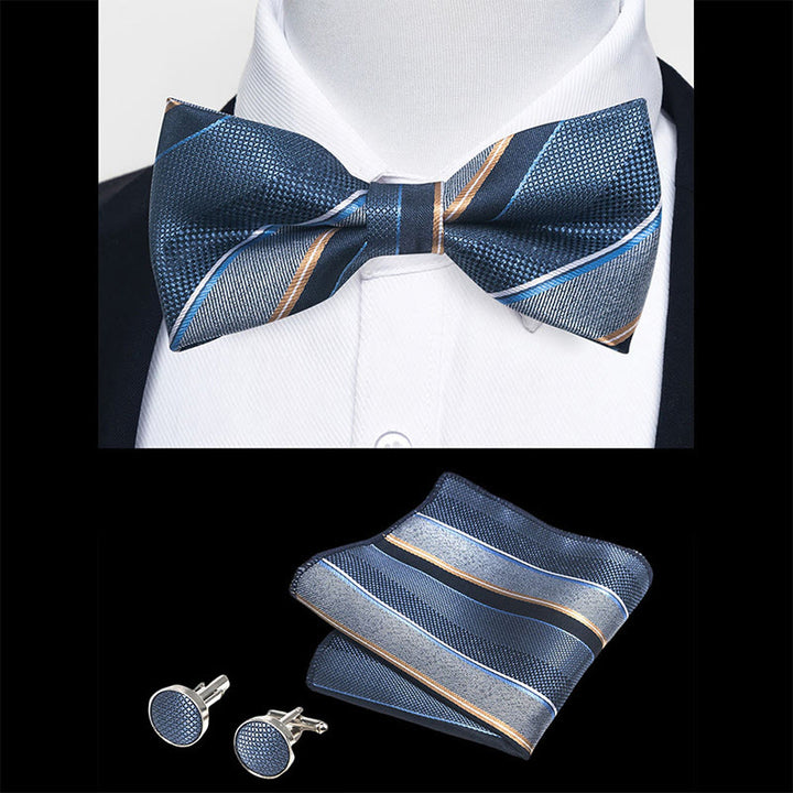 Set da 3 pezzi con papillon in tessuto testurizzato, gemelli e fazzoletto da taschino da uomo - image 101