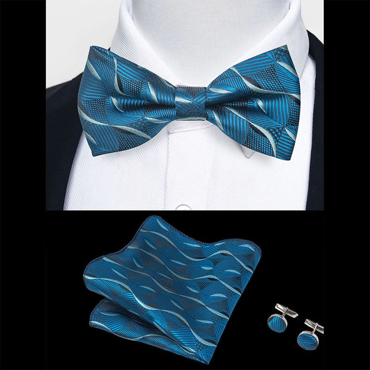 Set da 3 pezzi con papillon in tessuto testurizzato, gemelli e fazzoletto da taschino da uomo - image 91