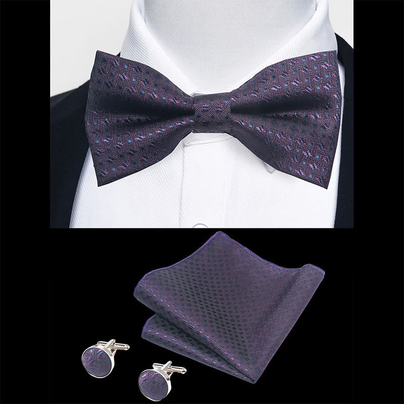 Set da 3 pezzi con papillon in tessuto testurizzato, gemelli e fazzoletto da taschino da uomo - image 105