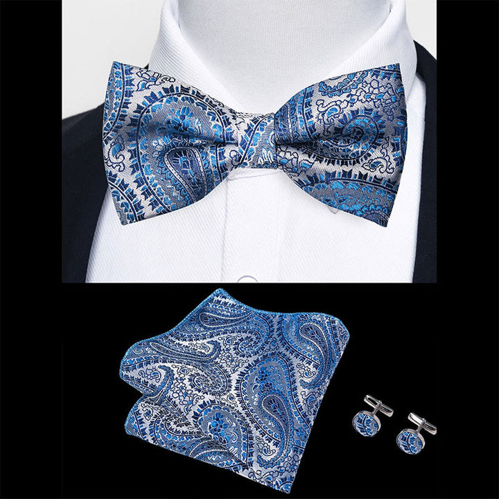 Set da 3 pezzi con papillon in tessuto testurizzato, gemelli e fazzoletto da taschino da uomo - image 85