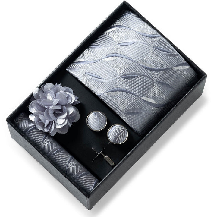 Set da 4 pezzi di cravatta in tessuto fantasia elegante da uomo, fazzoletto da taschino, gemelli e fiore da bavero - Stile n. 49 - image 48