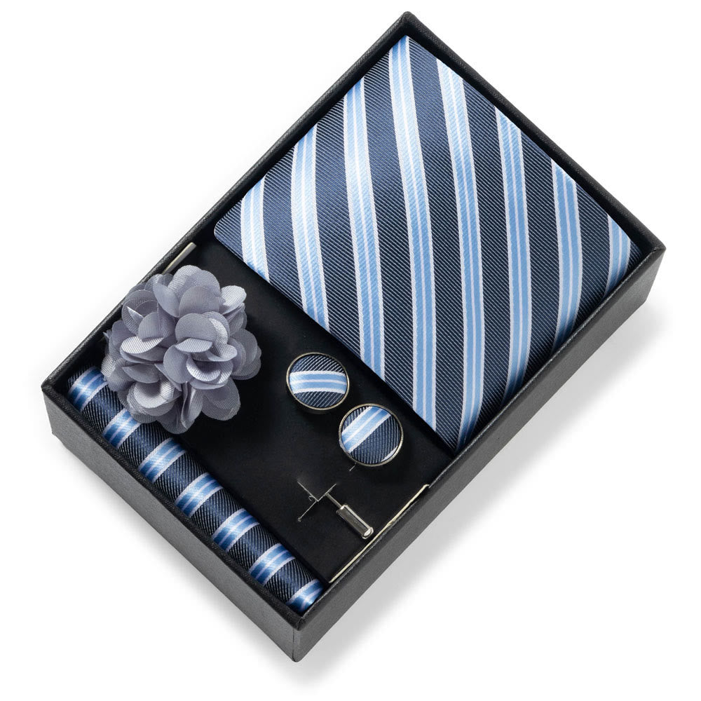 Set da 4 pezzi di cravatta in tessuto fantasia elegante da uomo, fazzoletto da taschino, gemelli e fiore da bavero - Stile n. 8 - image 7