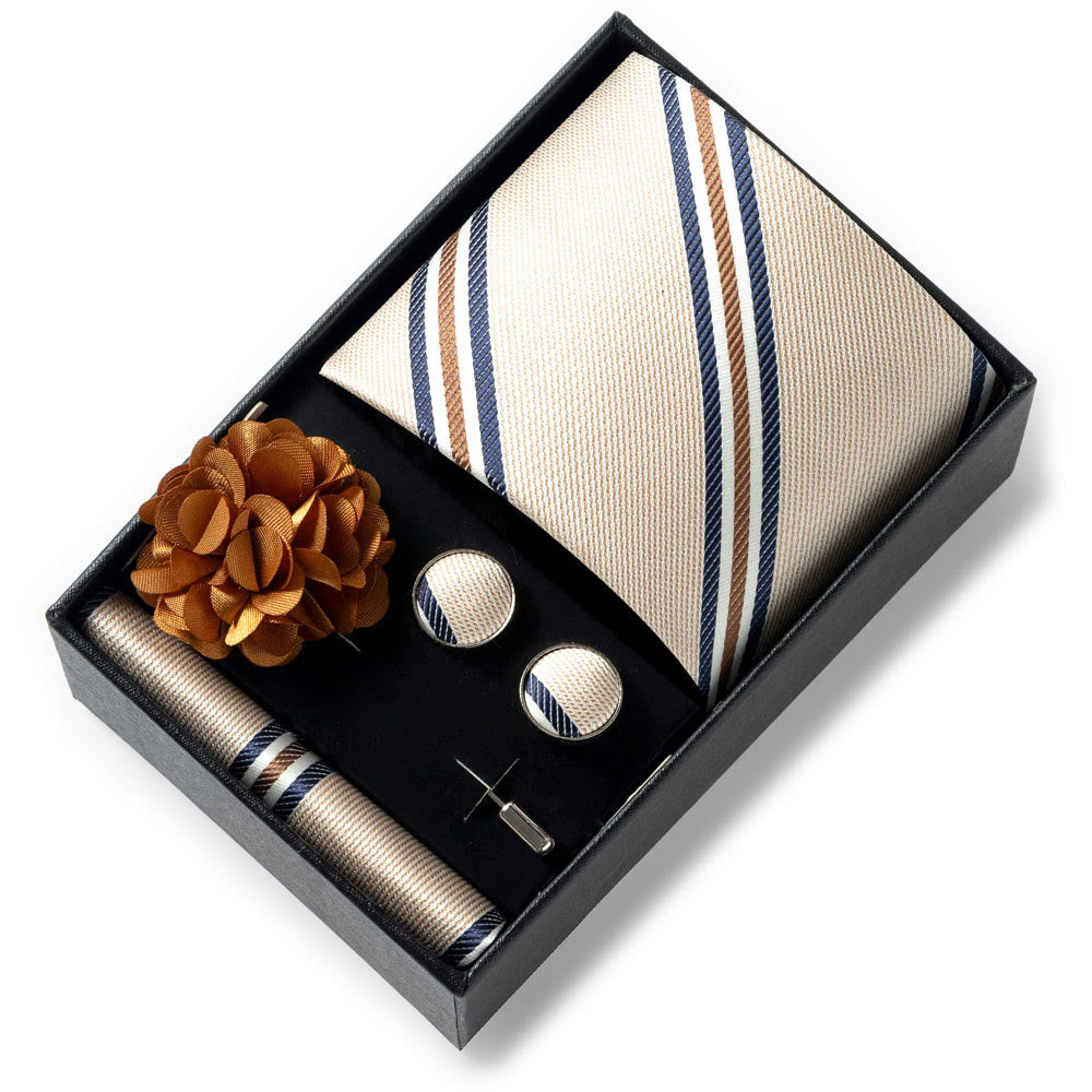 Set da 4 pezzi di cravatta in tessuto fantasia elegante da uomo, fazzoletto da taschino, gemelli e fiore da bavero - Stile n. 15 - image 14