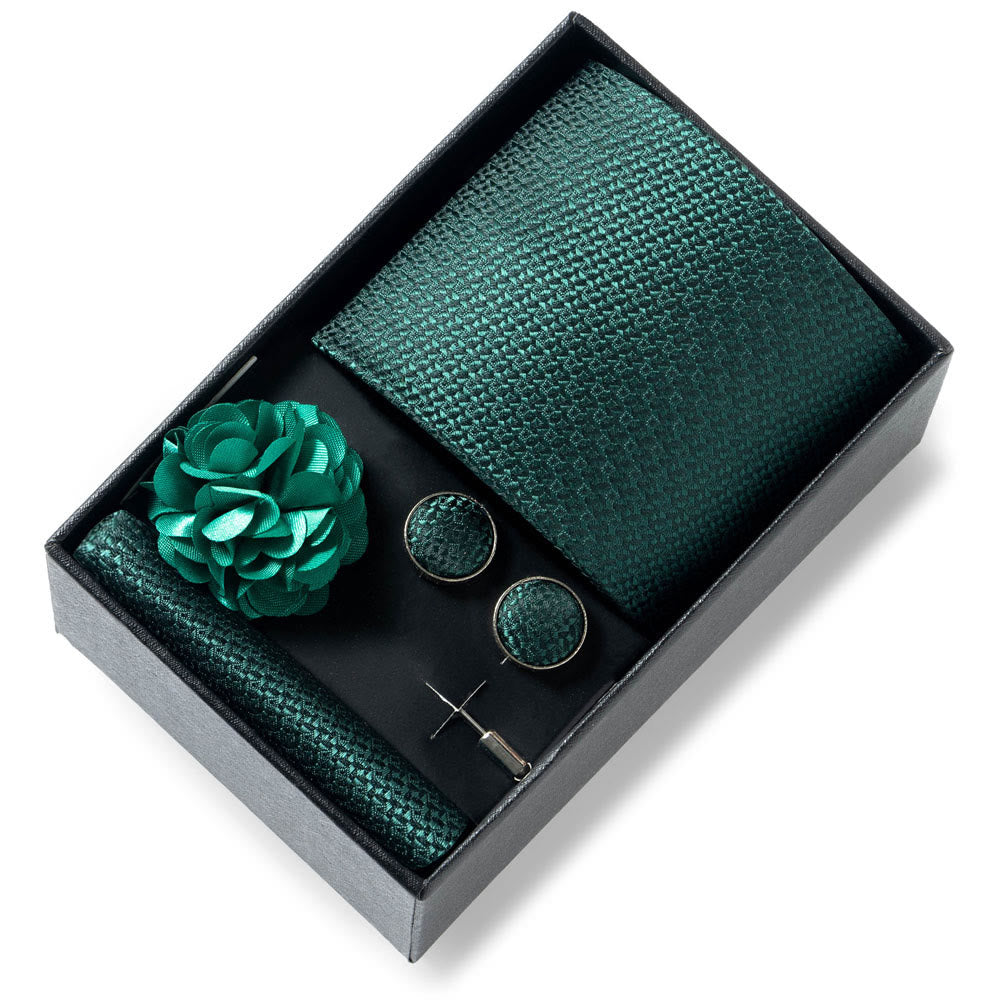 Set da 4 pezzi di cravatta in tessuto fantasia elegante da uomo, fazzoletto da taschino, gemelli e fiore da bavero - Stile n. 6 - image 5