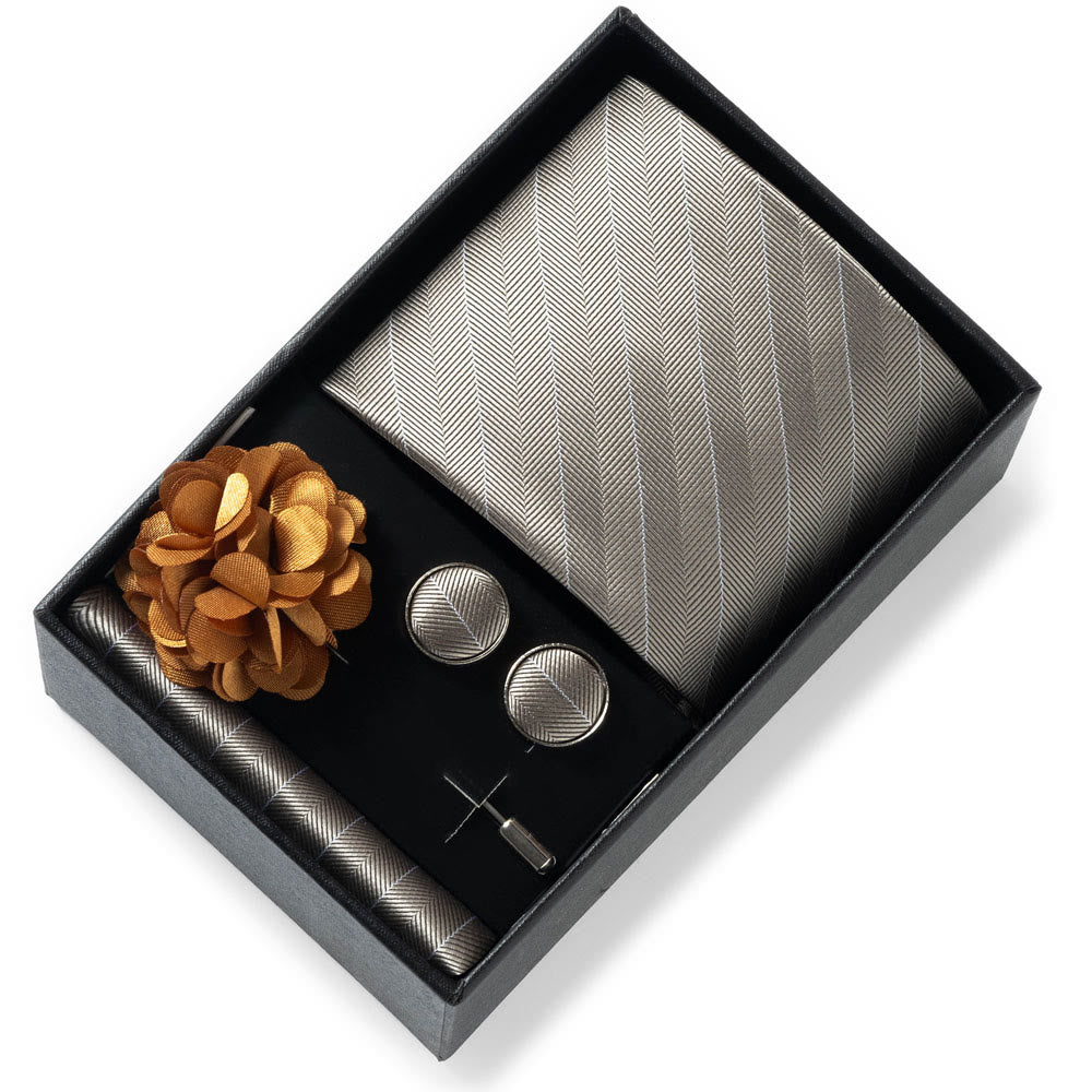 Set da 4 pezzi di cravatta in tessuto fantasia elegante da uomo, fazzoletto da taschino, gemelli e fiore da bavero - Stile n. 24 - image 23