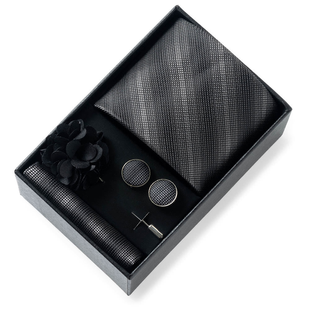 Set da 4 pezzi di cravatta in tessuto fantasia elegante da uomo, fazzoletto da taschino, gemelli e fiore da bavero - Stile n. 11 - image 10