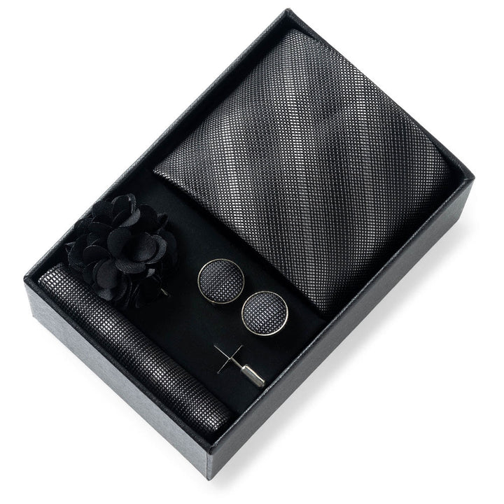 Set da 4 pezzi di cravatta in tessuto fantasia elegante da uomo, fazzoletto da taschino, gemelli e fiore da bavero - Stile n. 11 - image 10